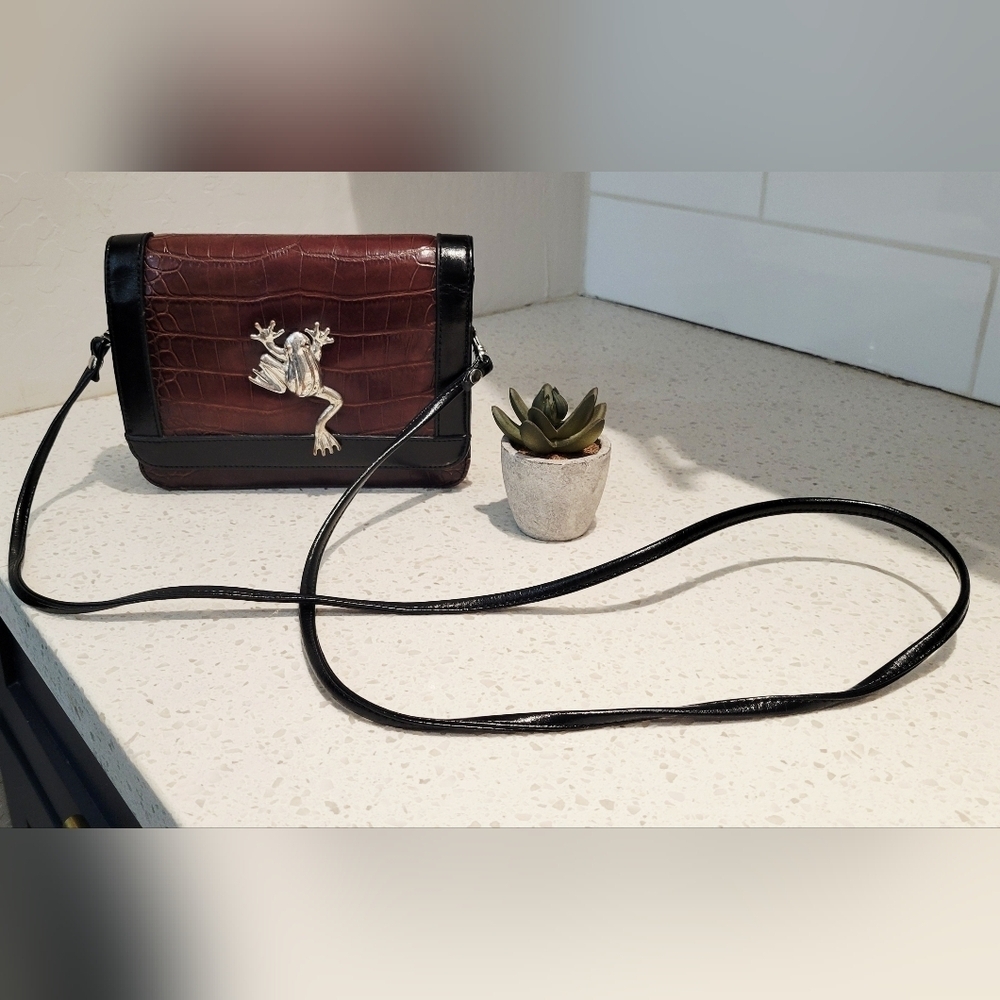 Brown and Black Crossbody Bag with Frog Accent